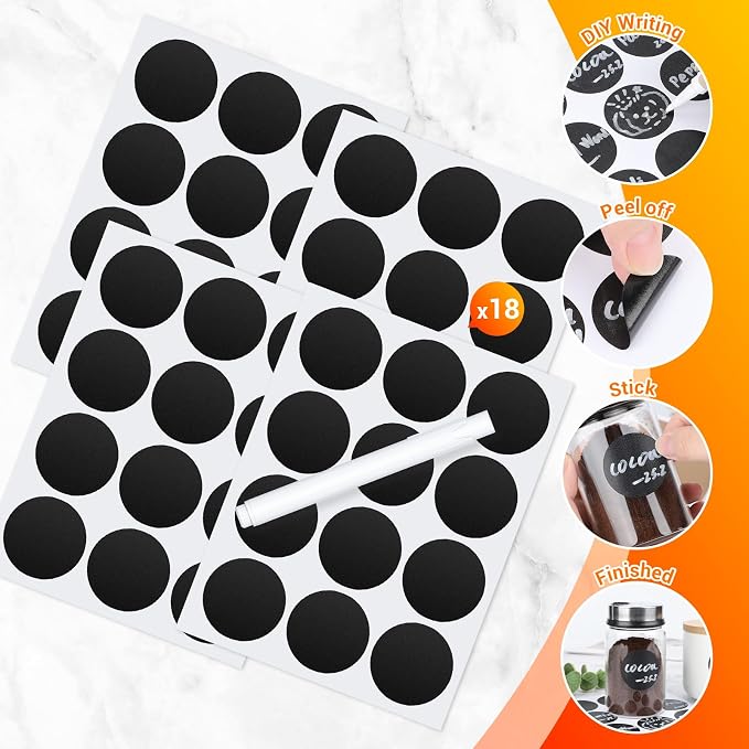 Segarty Chalkboard Labels, 216 Pcs Blank Circle Labels with 1 White Chalk Marker for Spice Jars, Waterproof Black Label Stickers for Food Containers, Glass Mason, Bottle, Kitchen Organization