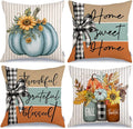 GEEORY Fall Pumpkin Sunflowers Pillow Covers 20x20 Inch Set of 4, Mason Jars Sweet Home Buffalo Plaid Bowknot Autumn Thanksgiving Decorative Throw Pillows Farmhouse Decoration for Sofa Aqua
