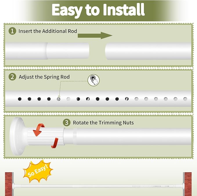 White Tension Curtain Rod 51-145In, Extra Long Adjustable Tension Rod No Drilling for Window or Bathroom,Outdoor Curtain Rod for Patio, Easy to Install, Never Rust, Rod Diameter 1.26 Inches-White