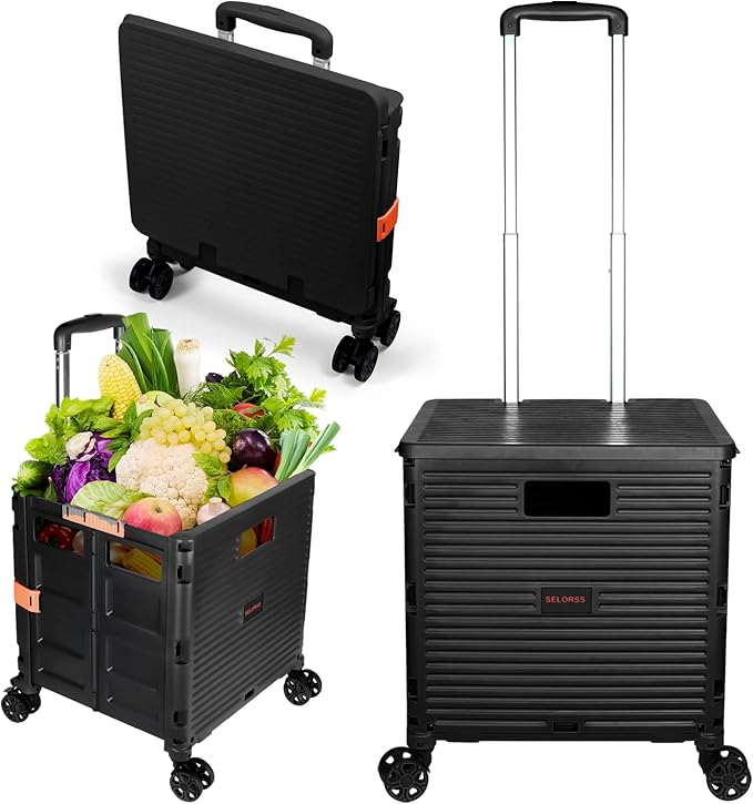 Foldable Utility Cart Portable Rolling Crate Handcart Shopping Trolley Collapsible 4 Rotate Wheels with Durable Heavy Duty Plastic Telescoping Handle for Travel Shopping Moving Storage Office Use