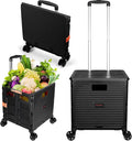 Foldable Utility Cart Portable Rolling Crate Handcart Shopping Trolley Collapsible 4 Rotate Wheels with Durable Heavy Duty Plastic Telescoping Handle for Travel Shopping Moving Storage Office Use