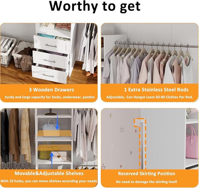 Closet System with 3 Drawers and Shelves, secilix 81" Wood Closet Organizer System, 2FT Modular Closet System for Walk in Closet, Modular Storage Tower with Expandable Hanging Rod, White