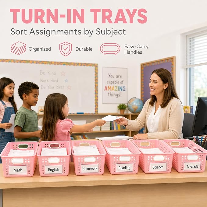 6 Pack Plastic Classroom Storage Baskets, Organizer Bins with Handle | Pink Color 11" × 7.1" × 4.6" Medium Papers Book Storage Organizer for School Classroom Library Office Home Desktop Bookshelf