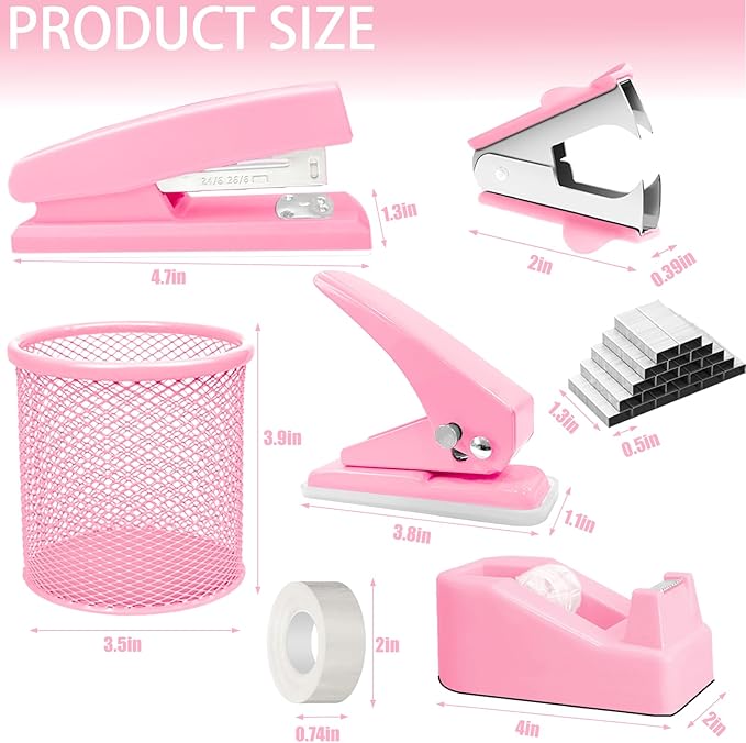 JIZHIYUAN Pink Desk Accessories Set - 16 Pcs Pink Office Supplies with Stapler, Tape Dispenser, Pen Holder, Staple Remover, Hole Punch, Practical Aesthetics Desk Sets for Office, Home, School Women