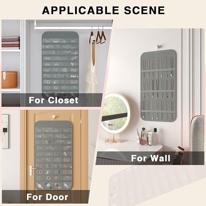 Double-Sided Hanging Jewelry Organizer for Necklaces Earrings, 2-Pack, Grey | Foldable 36 hooks & 40 clear pockets; swivel hook fits walls, doors & rods for earrings, bracelets, rings & small jewelry