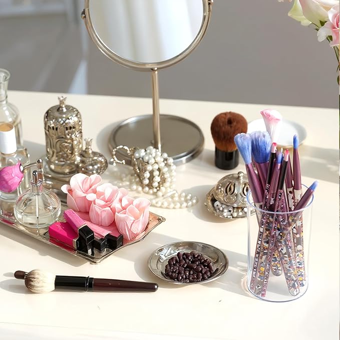 2 Pcs Pen Holder Acrylic Cylinder Container Stylish Clear Acrylic Desk Organizer Round Makeup Brush Storage Desktop Pencil Cup Clear Stationery Organizer for Home School Office Supplies Countertop