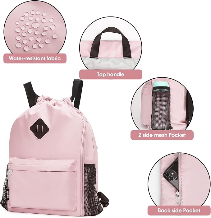 WANDF Drawstring Backpack with Shoe Compartment, Sports Gym Bag | Multi-Pocket Storage, Water-Resistant Fabric, Cinch String Bag