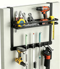 Broom Holder Door Mount,Door Mounted Broom and Mop Holder with Dual Tool Hooks, Three Slots, and One Tool Storage Basket For Laundry Room, Garage, Closet, warehouse, Kitchen Decor (black)