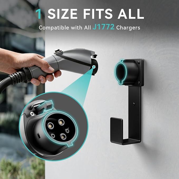 EV Charger Holder-J1772 Connector, Nozzle Holster Dock and J-Hook Combination, EV Cable Holder Wall-Mount Electric Vehicle Charger.
