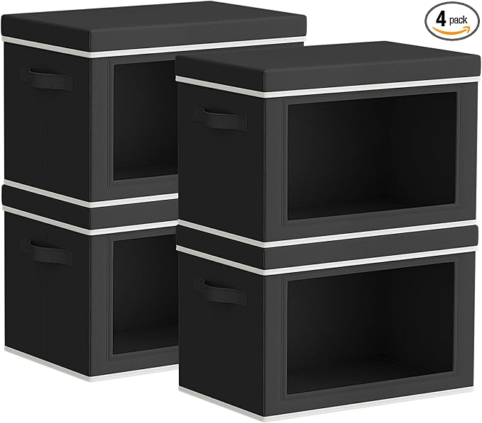 Homsorout Storage Bins with Lids - Small Fabric Organizers with Window, Collapsible Storage Bins for Clothes, Decorative Closet Organizers for Towels, Tshirt, 4 Pack, Black