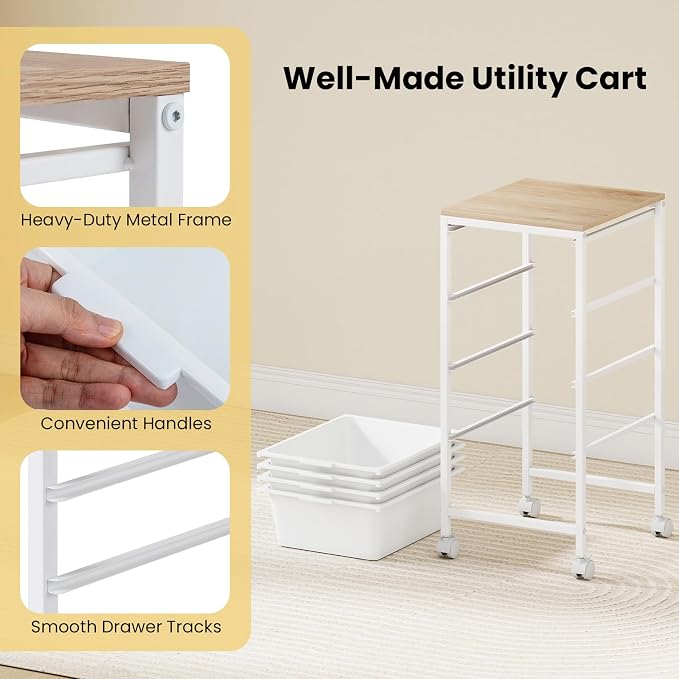 GOFLAME 4-Drawer Rolling Storage Cart, Craft Storage Cart with Wooden Tabletop and Lockable Wheels, Art Cart Supply Storage Organizer with Metal Frame for Home Office Classroom, White