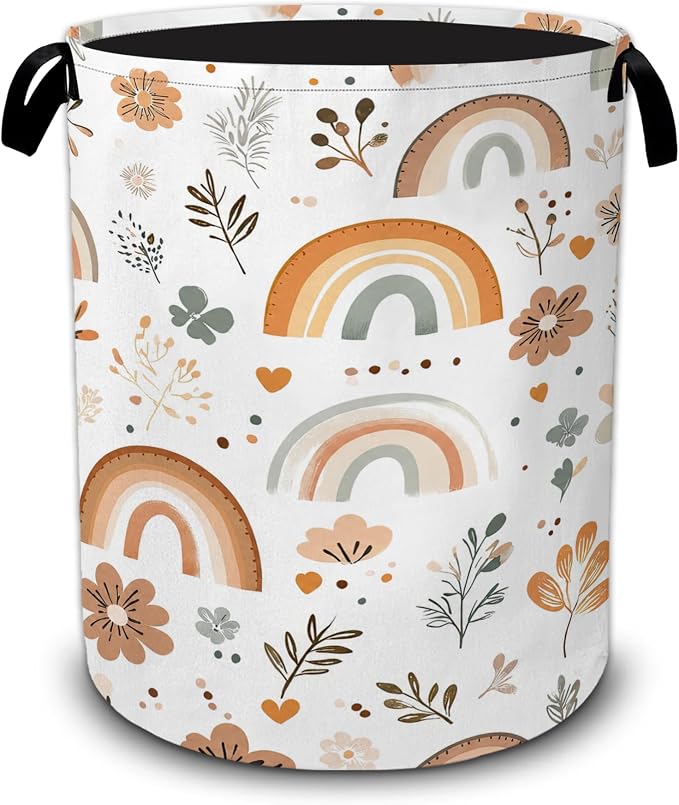 Rainbow Flowers Laundry Basket,Boho Large Collapsible Portable Round Laundry Hamper with Handles,Oxford Storage Bin for Clothes,Blankets,Bedroom,Bathroom