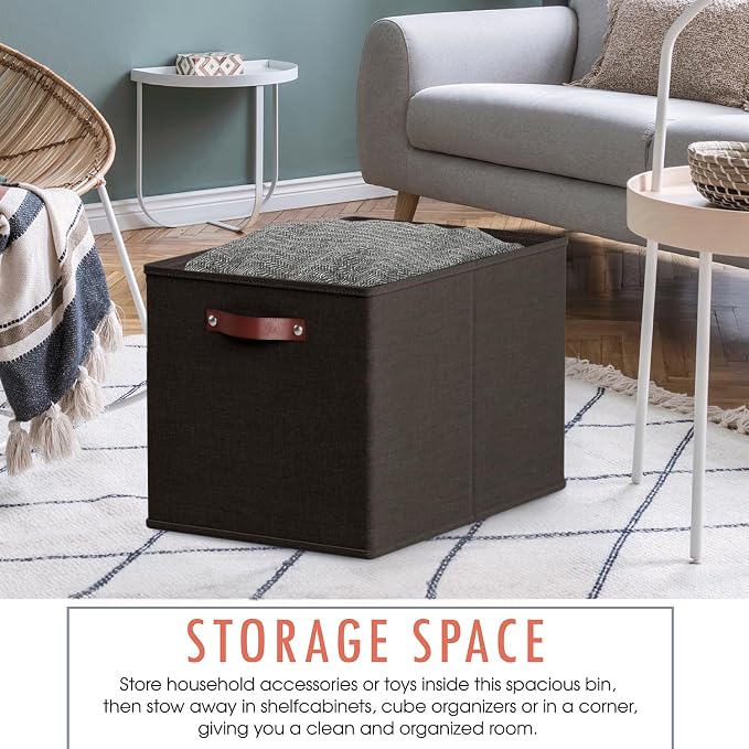 Ornavo Home 13x15x13 Foldable Fabric Storage Cube Bins, 6 Pack, Black | Collapsible Linen Shelf Basket Organizer; Leather Handles; Fits Cube Storage Shelving Units