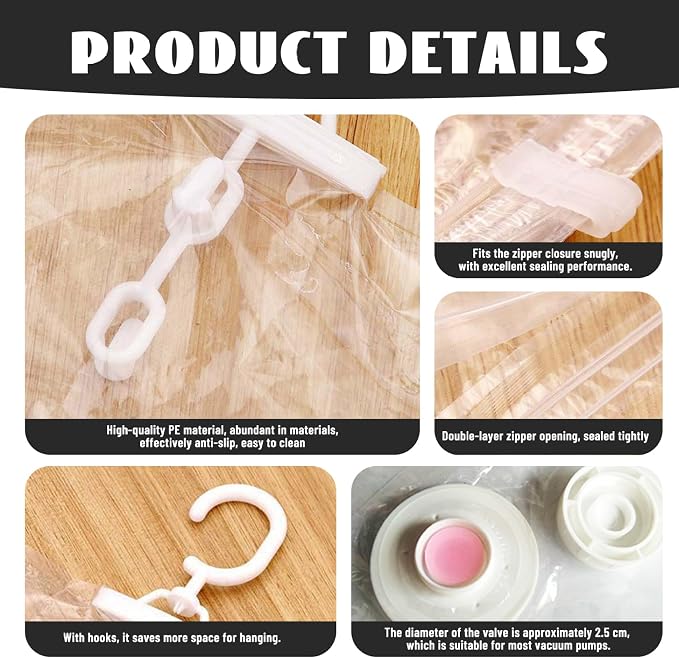 6PCS Hanging Vacuum Storage Bags Reusable Space Saver Clothes Vacuum Sealer Bags 26x35"＆26x39" Moisture-Proof Cloth Storage for Dress, Winter Coats