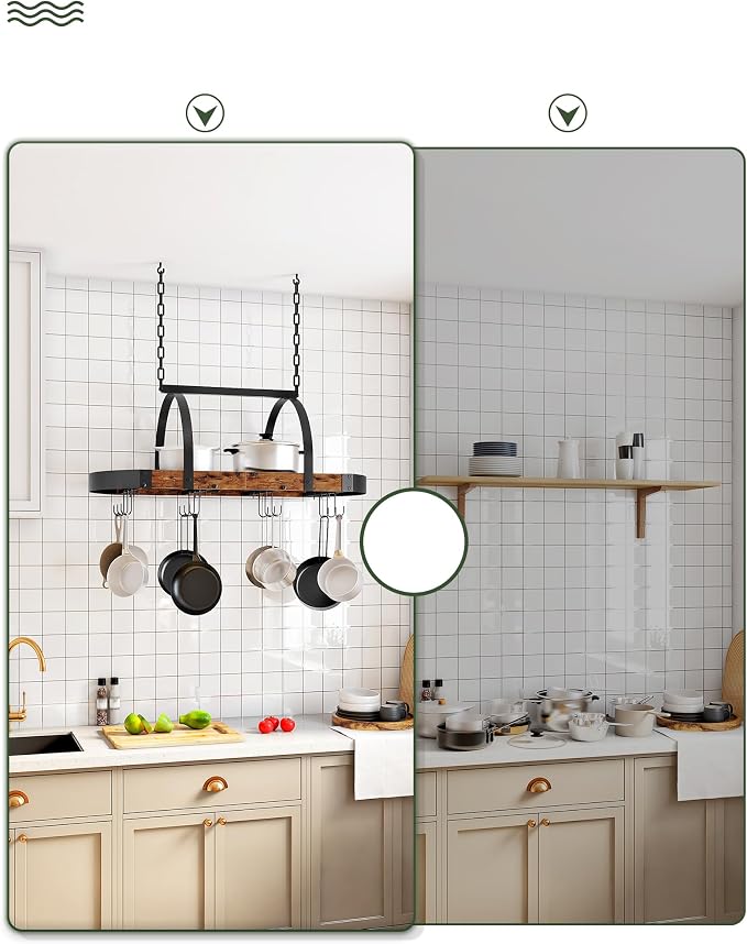 CHOEZON Hanging Pot Rack, Pot Hanger for Kitchen, Ceiling Mounted Pot Holder, Cookware Organizer with 12 S-Shaped Hooks, for Pot, Pan Storage, Space-Saving, Rustic Brown and Black TPR08BFC1
