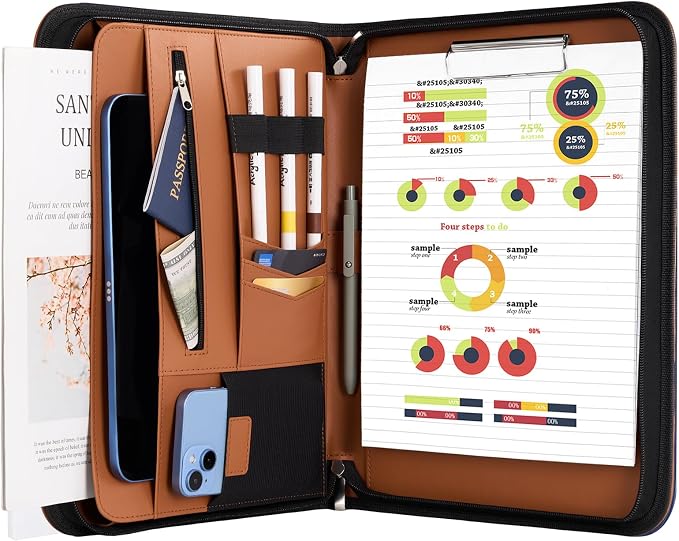 ProCase Portfolio Business Padfolio Folder with Zipper -Tan | Conference Meeting Executive File Legal Document Organizer with Pockets Letter Size A11 Writing Pad Notepad Padfolio