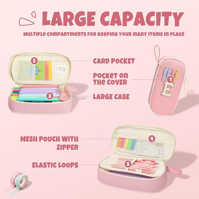 SUNEE Cute Pencil Case, Kawaii Big Capacity Pencil Pouch, Personalized Initial Pencil Bag with Zipper, Stationery Storage and Organizer, Back to School Supplies, Pen Box for Girls & Boys, Teen, E-Pink