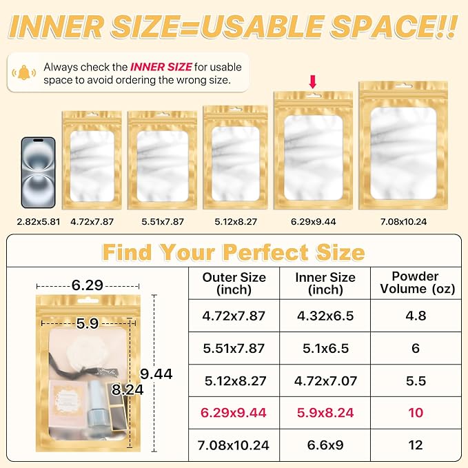 ANZNKU 100 PCS Resealable Mylar Bags with Frosted Clear Window Packaging Bags Foil Pouch Zipper Bag for Food Self Sealing Storage Supplies (6.29x9.44, Light Gold)