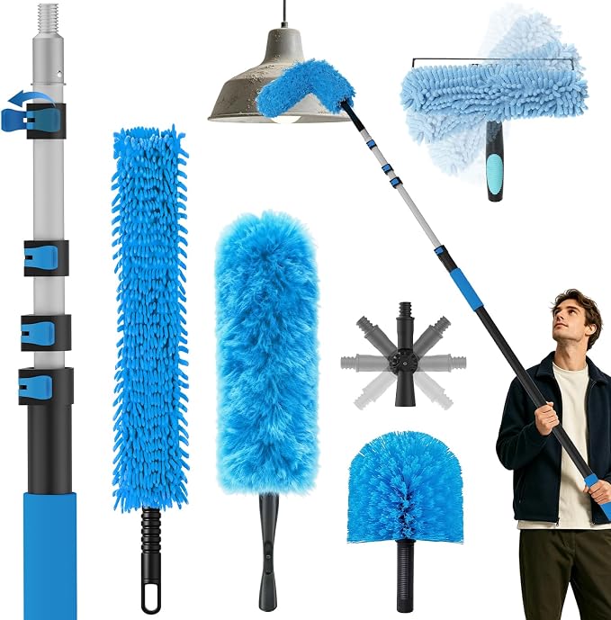 25FT Reach High Ceiling Duster Kits with 5-20FT Adjustable Pole - Includes Extra Long Duster, High Ceiling Duster, Rotatable Window Squeegee & Cobweb Duster for Ceiling Fans and Whole House Cleaning