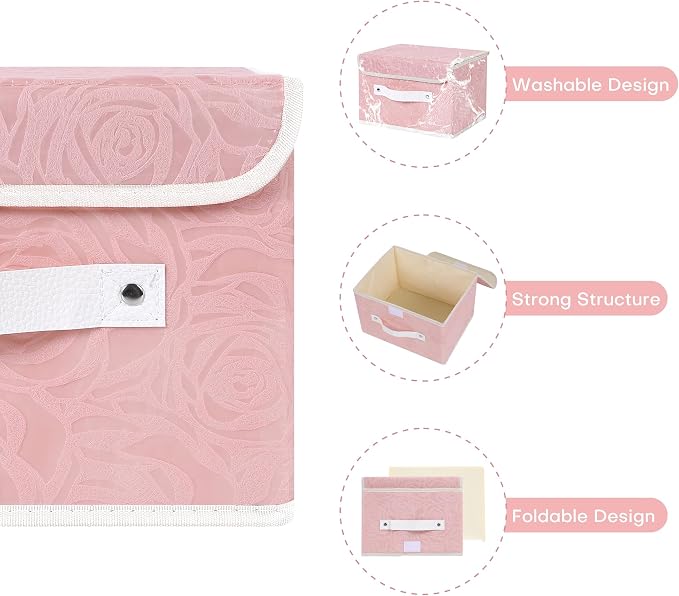 ANMINY Fabric Storage Bin with Lid Rose Print Storage Box Basket with PU Leather Handles Washable PP Plastic Board Decorative Foldable Lidded Shelf Closet Organizer Container - Pink, Medium