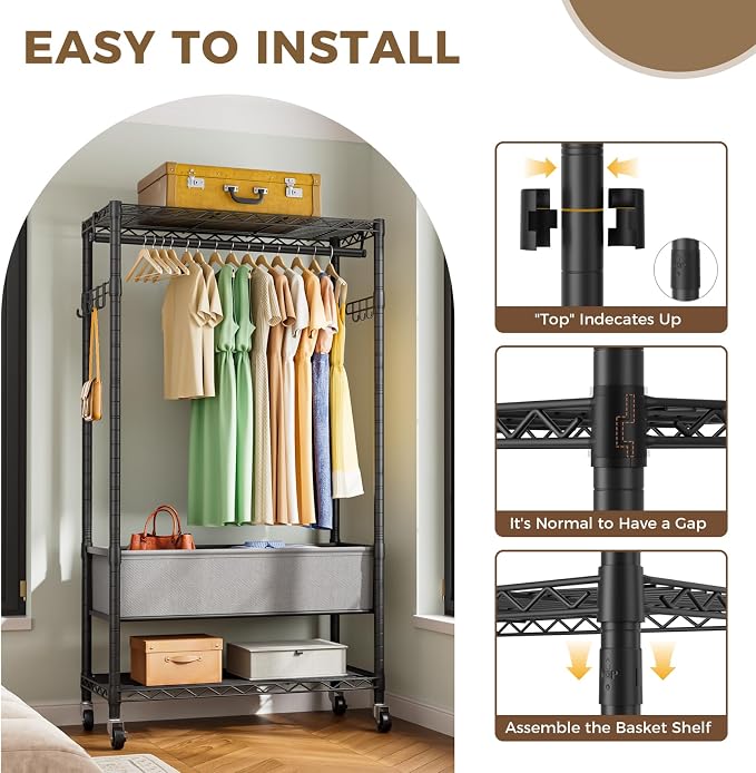Heavy Duty Clothes Rack Rolling Garment Rack,3 Tier Adjustable Wire Shelving Clothing Racks for Hanging Clothes with Double Rods&Side Hooks,Freestanding Wardrobe Storage Rack Metal Portable Closet