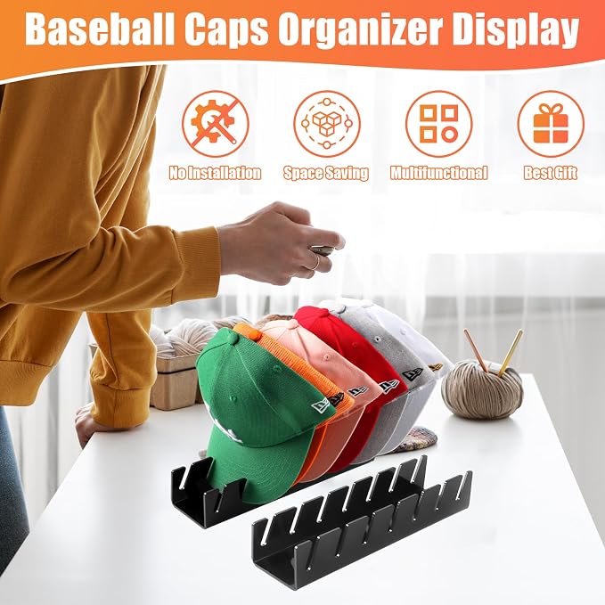 Hat Organizer for Baseball Caps Hat Rack Acrylic Hat Stand 2Pack No Install | Hat Storage for 14 Baseball Caps Closet Organization Hat Holder Display Baseball Cap Organizer for Closet, Bedroom, Dresser