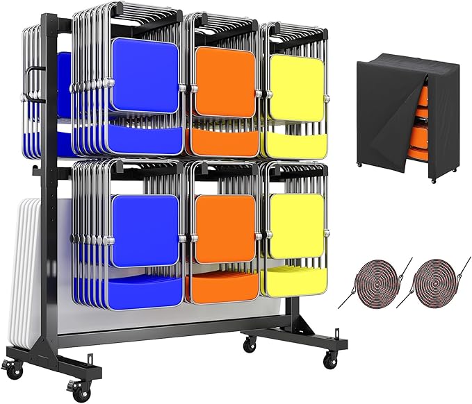 Specraft Folding Chair Rack and Table Cart for 84 Chairs or 12 Tables, 1100 lbs Capacity, PU Wheels, Dust Cover, Elastic Cords, Black