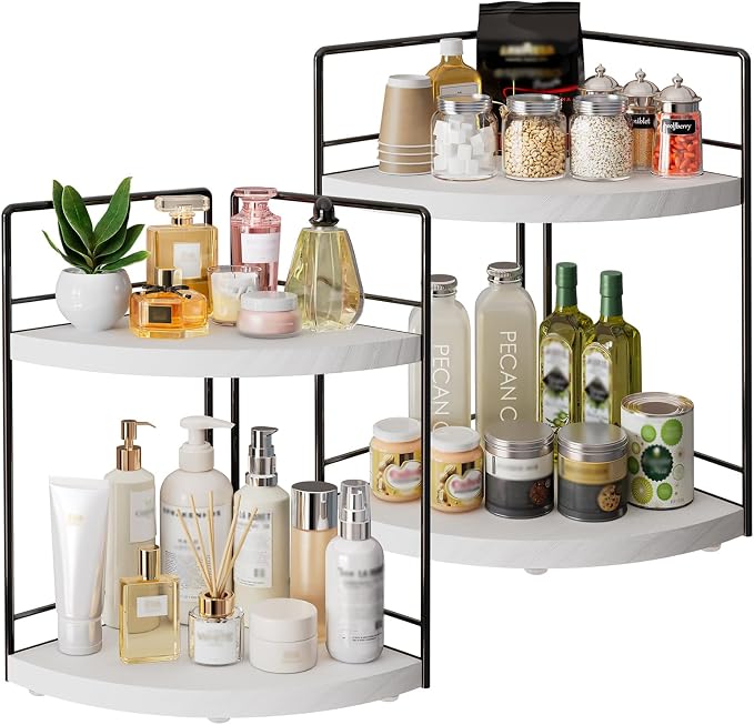 2-Tier Bathroom Corner Organizer Shelf, Wood & Metal Countertop Storage Rack, 2-Pack