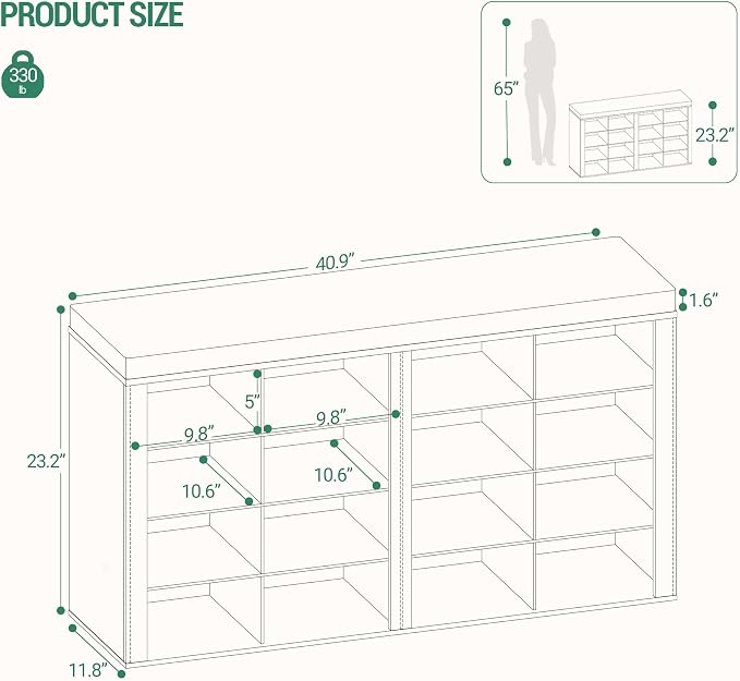 Hzuaneri Shoe Storage Bench, Entryway Shoe Rack with Cushion and Cubbies | entryway shoe rack bench cabinet with 16 cubbies and adjustable shelves for bedroom, living room, White SB25603GY