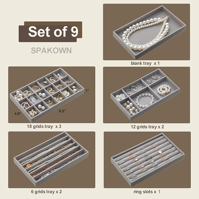 SPAKOWN Jewelry Drawer Organizer Inserts Set of 9, Velvet Jewelry Trays for Drawers, Storage for Earring, Ring, Necklace, Watch, Bracelet (Grey)