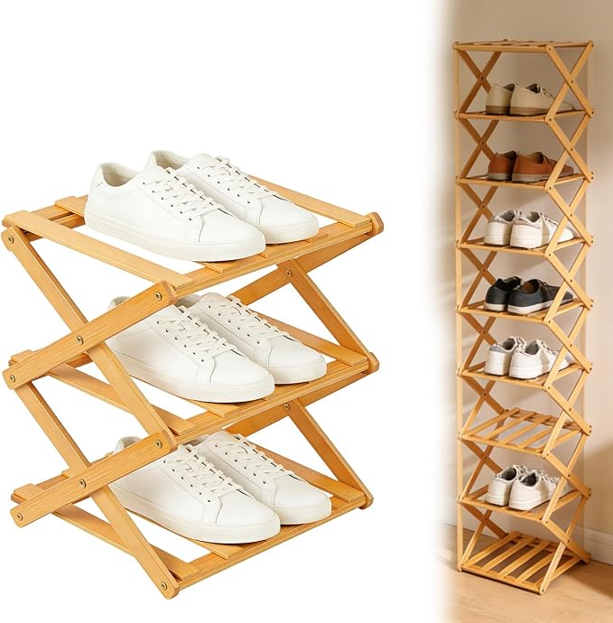 Foldable Shoe Rack, Tier No-Assembly Bamboo Rack, 2026 New Portable Bamboo Corner Shoe Rack, Multifunctional Narrow Shoe Shelf for Entryway, Closet, Corner, Bedroom (3 Layers)