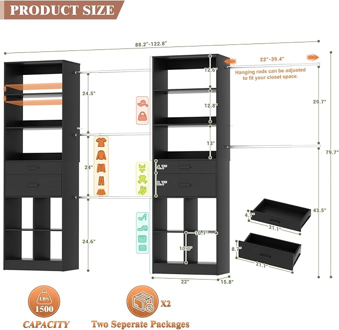 Besiost Closet System, 7.4ft-10ft with 4 Wooden Drawers and 5 Hanging Rods, Can Fit 88 to 123 inch Walk-in Closet System, Black