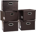 PRANDOM Large Stackable Storage Boxes with Lids [5-Pack] Leather Fabric Foldable Storage Bins Organizer Containers Baskets Cubes with Cover for Bedroom Closet Office Nursery Brown(17.7x11.8x11.8)