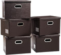 PRANDOM Foldable Storage Bins with Lids [5-Pack] Leather Fabric Collapsible Storage Boxes Organizer Containers Baskets Cube with Cover for Bedroom Closet Office Nursery Brown 14.9x10.8x10