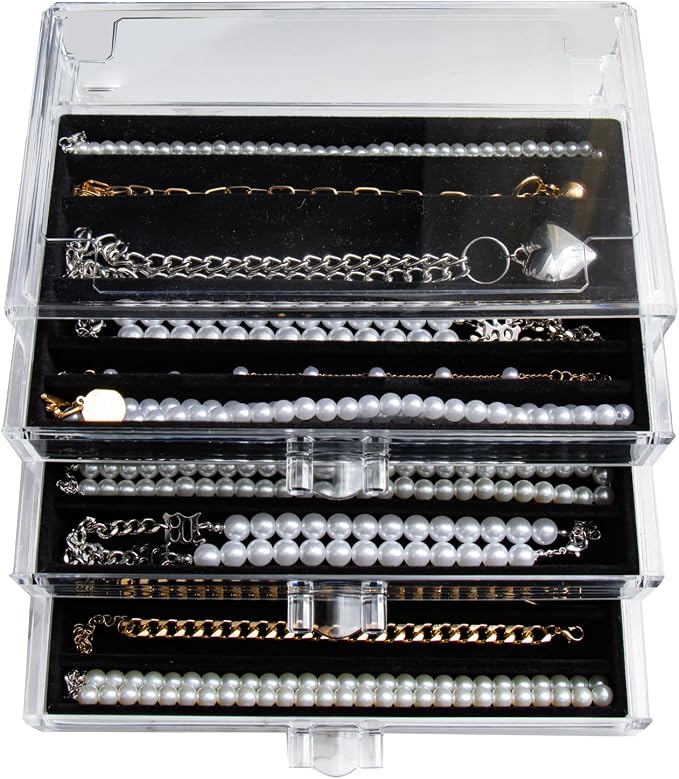 YUFONG Necklace Holder Organizer, Dustproof Necklace Box Velvet Necklace Organizer Box with Lid Clear Acrylic Dustproof Stackable Jewelry Displays for Necklaces Chain Display (Black, 3 Drawer)