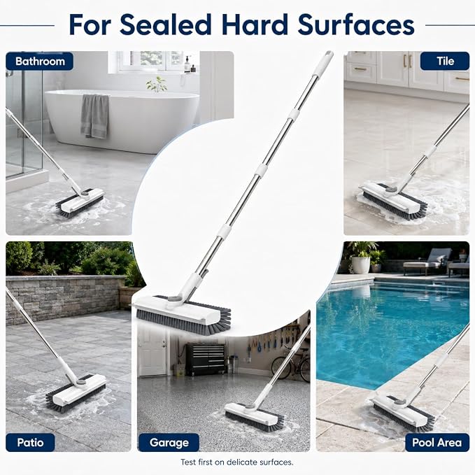 Floor Scrub Brush with 50-Inch Handle, Squeegee and Stiff Bristles | Stiff PVC bristles, 30/40/50-in stainless steel handle, 360° locking head and squeegee for tile, tubs and patios.