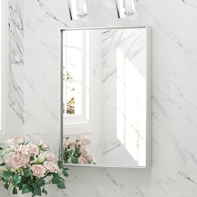 Keonjinn 16 x 24 Inch Brushed Silver Bathroom Mirror for Wall, Silver Rectangle Vanity Mirror, Modern Farmhouse Mirrors, Metal Framed Rectangular Square Corner Mirrors(Horizontal/Vertical)