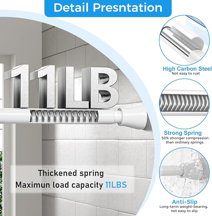 Spring Tension Curtain Rod 30 to 64 Inch, Adjustable Curtain Rods No Drilling Spring Loaded Curtain Rods for Windows Doors Kitchen Closet, White