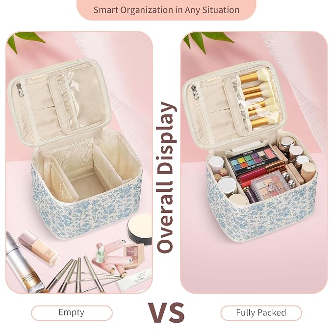 OCHEAL Travel Makeup Bag, Cosmetic Bags for Women Makeup Case Organizer Large Capacity Travel Toiletry Bag Storage Bags with Divider and Handle for Cosmetics Toiletries Brushes Tools-Blue Floral