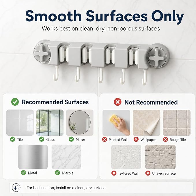 Mop and Broom Holder Wall Mount, No Drill Suction Cup Broom Organizer with 4 Slots & 5 Hooks, Removable Cleaning Tool Holder for Bathroom, Laundry Room, RV Camper