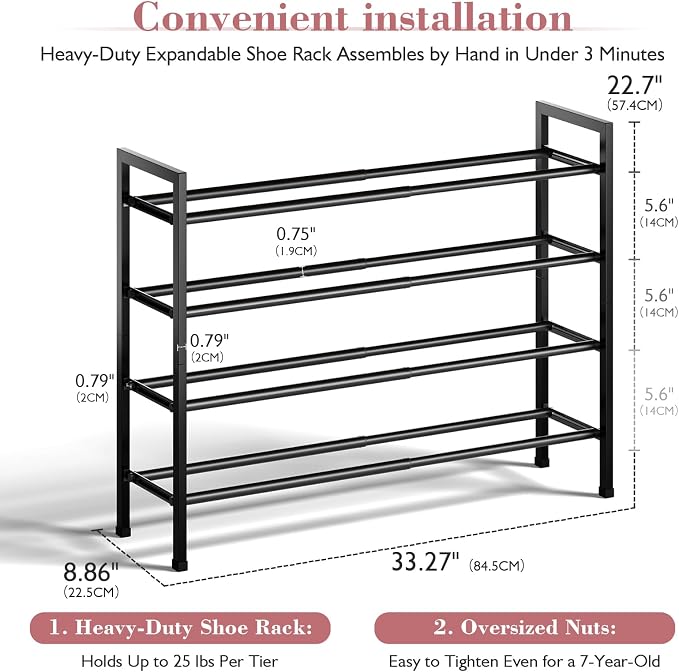 Bumusty 4-Tier Expandable Shoe Rack for Closet, 18“-33” Adjustable Shoe Rack for Small Space, Small Shoe Organizer for Front Door, Sturdy Metal, Light Grey