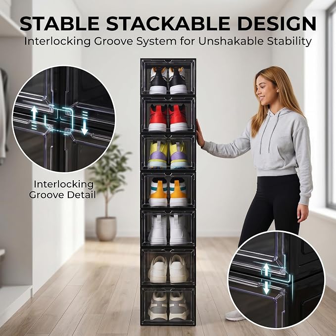 Large Black Shoe Storage Boxes Stackable, 12 Pack Hard Plastic Shoe Storage Organizer with Magnetic Door, Shoe Container Sneaker Storage Display Case Fit up to US Size 12 Black