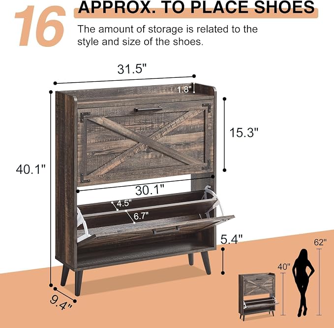 Barnyatoh Shoe Storage Cabinet,Farmhouse Shoe Organizer with 2 Flip Drawers & Barn Door Design,Freestanding Hidden Slim Narrow Shoe Rack Cabinet for Entryway,Foyer,Hallway,Dark Oak