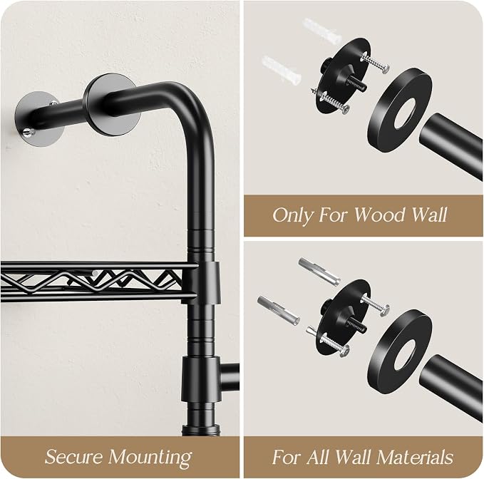Wall Mounted Closet System, Heavy Duty 2-Row Clothes Rack, Expandable Industrial Pipe Closet Organizers and Storage with 2 Telescopic Rods, 3 Hooks & 6 Shelves for Wardrobe, Bedroom