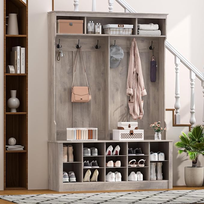 Wodeer Hall Tree with Bench and Shoe Storage, 53" Farmhouse 4-in-1 Mudroom Storage Organizer with Coat Rack, 6 Hooks, 12 Shoe Cubbies, Adjustable Shelf, for Entryway, Hallway, Living Room, Grey