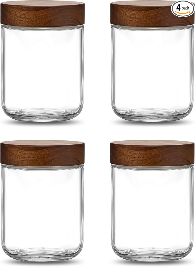 Danmu 16 oz Overnight Oats Containers with Lids,Glass Jars with Lids 4 Pack | Wooden Lid,Mason Jars for Overnight Oats,Meal Prep,Yogurt,Leak-proof,Dishwasher Safe(remove lids),Fridge Safe,Portable