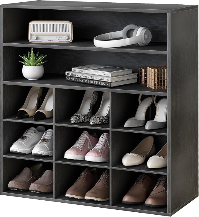 Garden 4 you Shoe Rack Organizer, 5-Tier Wood Cubby Shoe Rack with 2 Storage Shelf and 9 Cubbies, Shoe Organizer Cabinet for Entryway, Hallway, Closet and Garage,Black