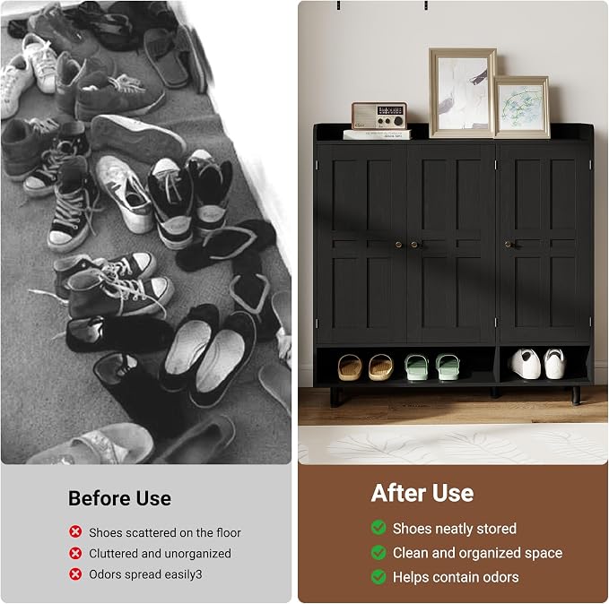Shoe Cabinet with 3 Doors and Adjustable Shelves, Large Shoe Storage Cabinet for 24–30 Pairs, Modern Farmhouse Shoe Organizer with Open Bottom Shelf for Entryway, Living Room, Black