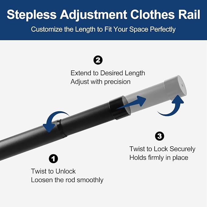 Adjustable Closet Rod for Hanging Clothes, 17-84inch Heavy Duty Metal tension clothes rod，1.3Inches Closet Pole with Hardware Kit for Closet Organization Laundry Room RV, Black