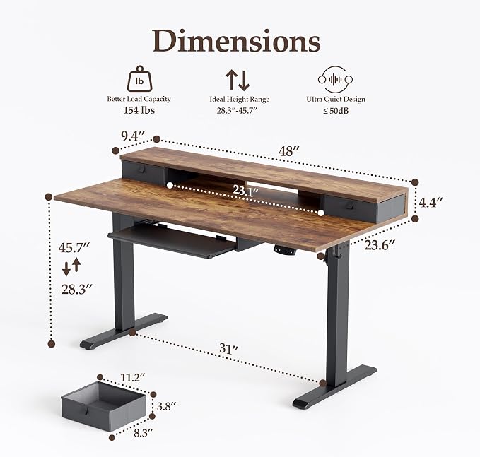 Klicelor 48 x 24 Inch Electric Standing Desk with Drawers and Keyboardtray, Adjustable Height Small Sit Stand Desk for Home Office, Compact Computer Workstation with Storage- Rustic Brown